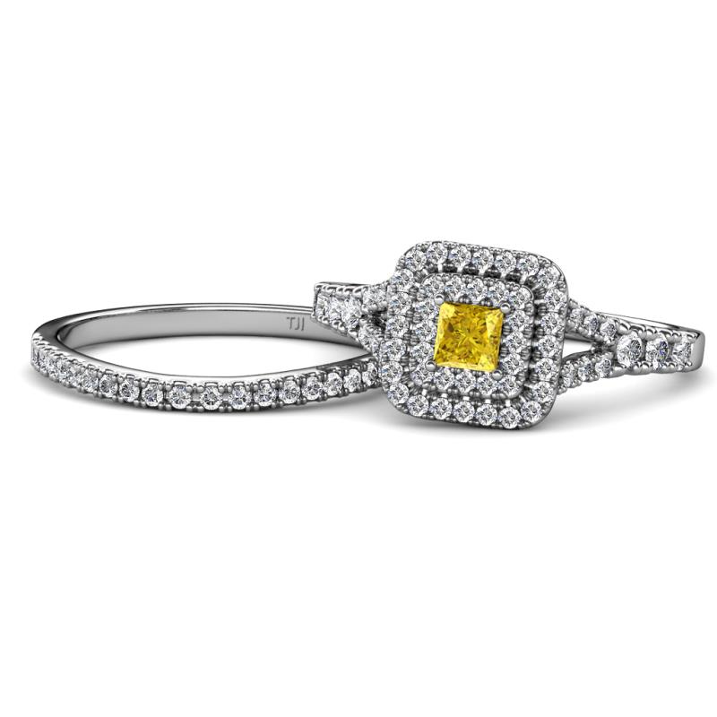 Zinnia Prima Yellow Sapphire and Diamond Double Halo Bridal Set Ring 