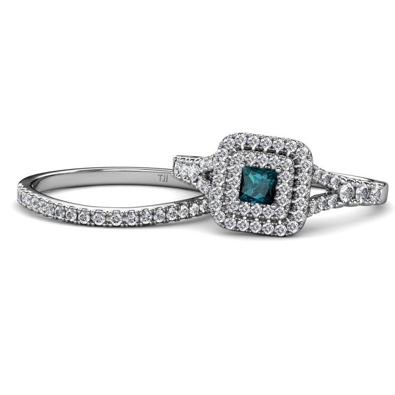 Zinnia Prima London Blue Topaz and Diamond Double Halo Bridal Set Ring 