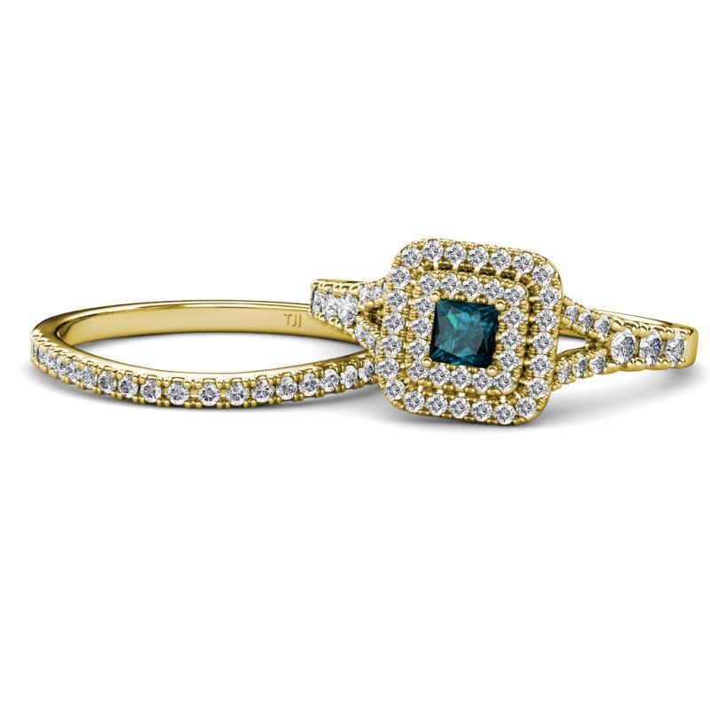 Zinnia Prima London Blue Topaz and Diamond Double Halo Bridal Set Ring 
