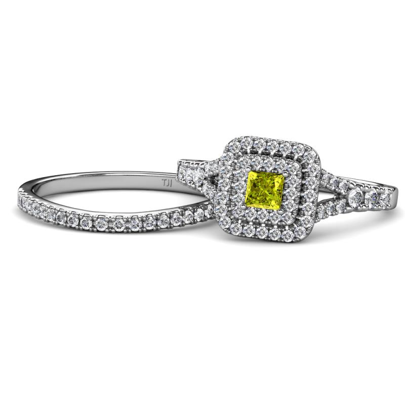 Zinnia Prima Yellow and White Diamond Double Halo Bridal Set Ring 