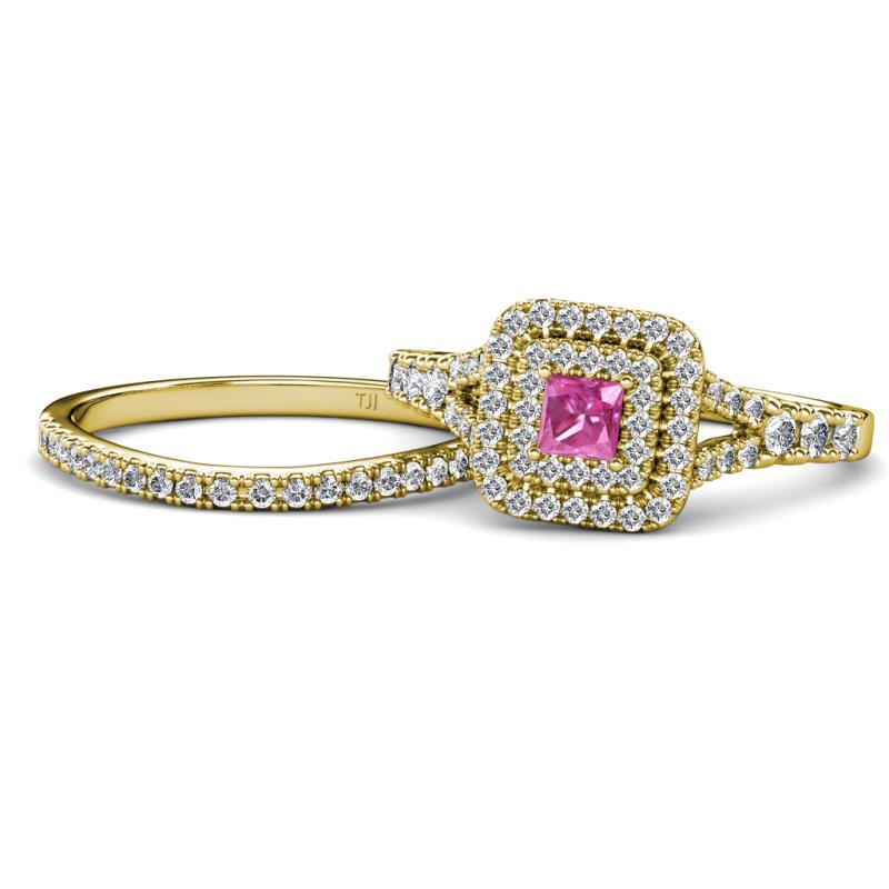 Zinnia Prima Pink Sapphire and Diamond Double Halo Bridal Set Ring 