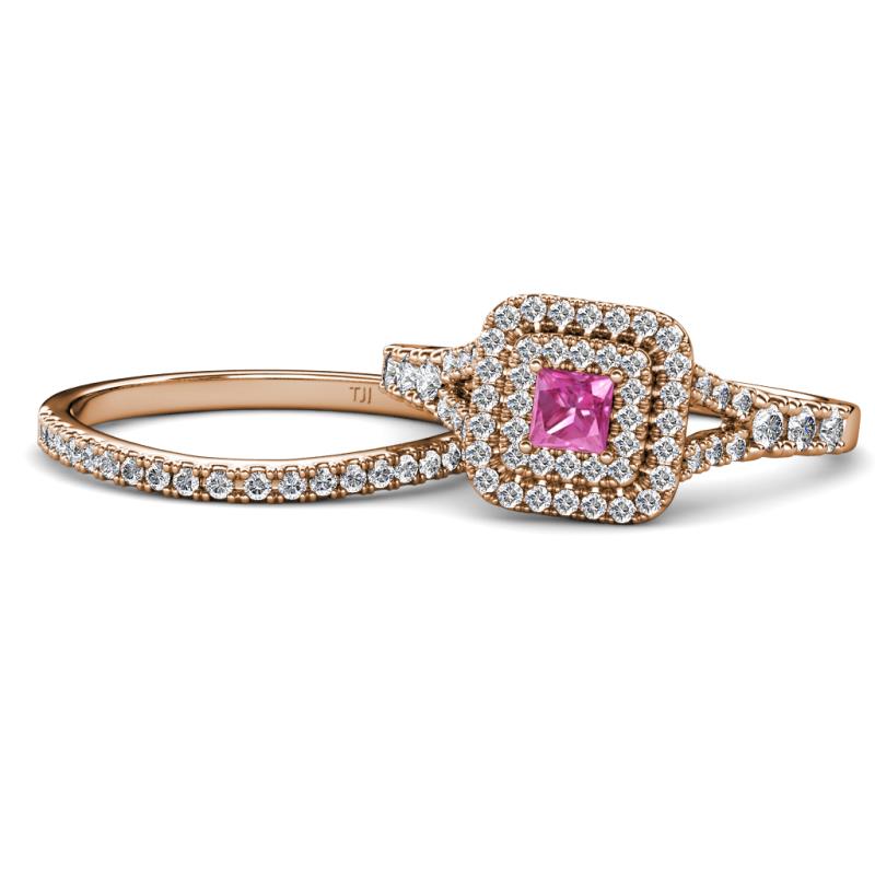 Zinnia Prima Pink Sapphire and Diamond Double Halo Bridal Set Ring 
