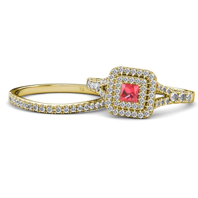 Zinnia Prima Pink Tourmaline and Diamond Double Halo Bridal Set Ring 