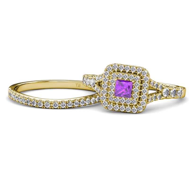 Zinnia Prima Amethyst and Diamond Double Halo Bridal Set Ring 