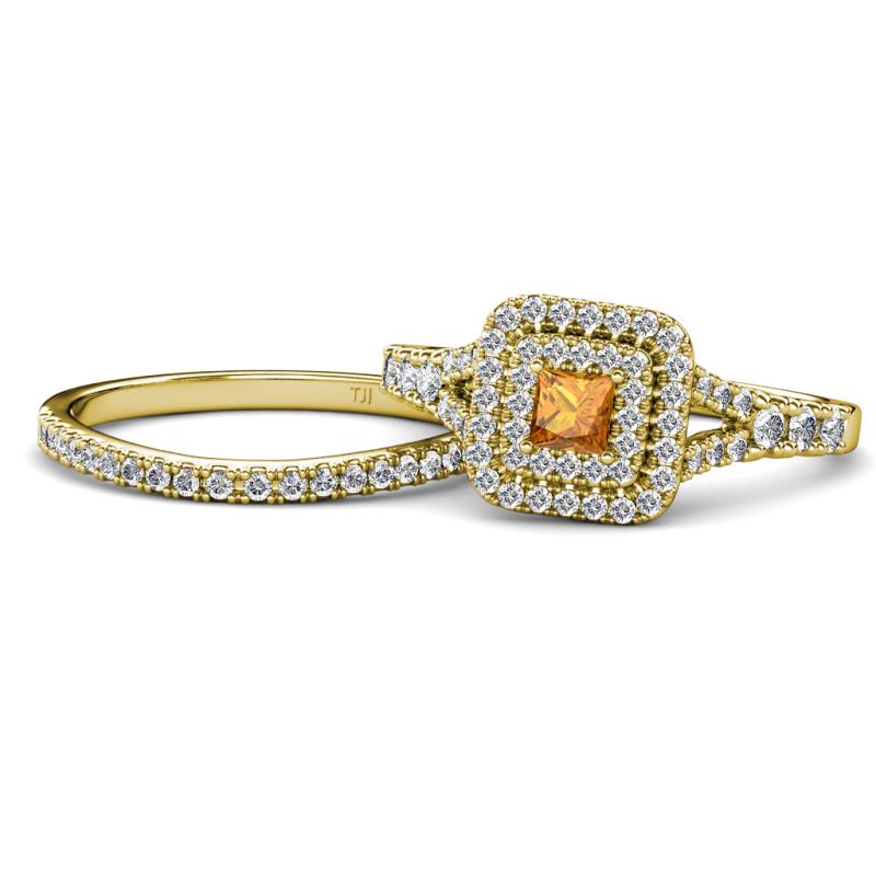 Zinnia Prima Citrine and Diamond Double Halo Bridal Set Ring 