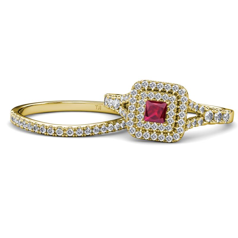 Zinnia Prima Ruby and Diamond Double Halo Bridal Set Ring 