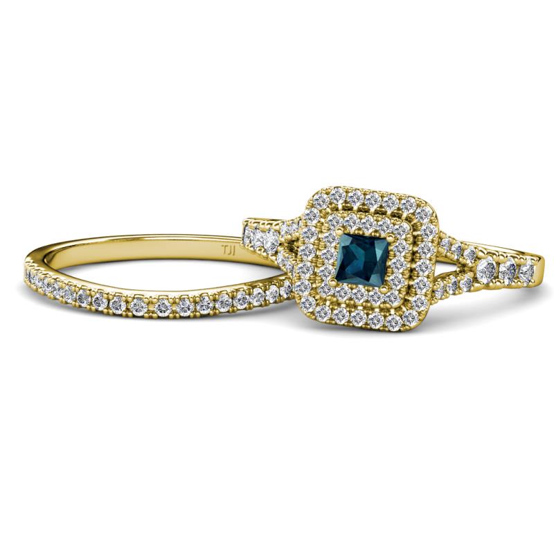 Zinnia Prima Blue and White Diamond Double Halo Bridal Set Ring 