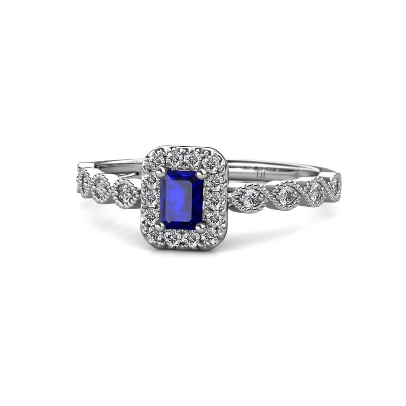 Gloria Prima Emerald Cut Blue Sapphire and Diamond Halo Engagement Ring 