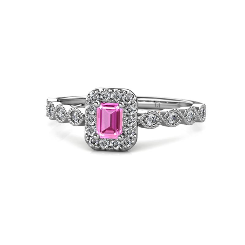 Gloria Prima Emerald Cut Pink Sapphire and Diamond Halo Engagement Ring 