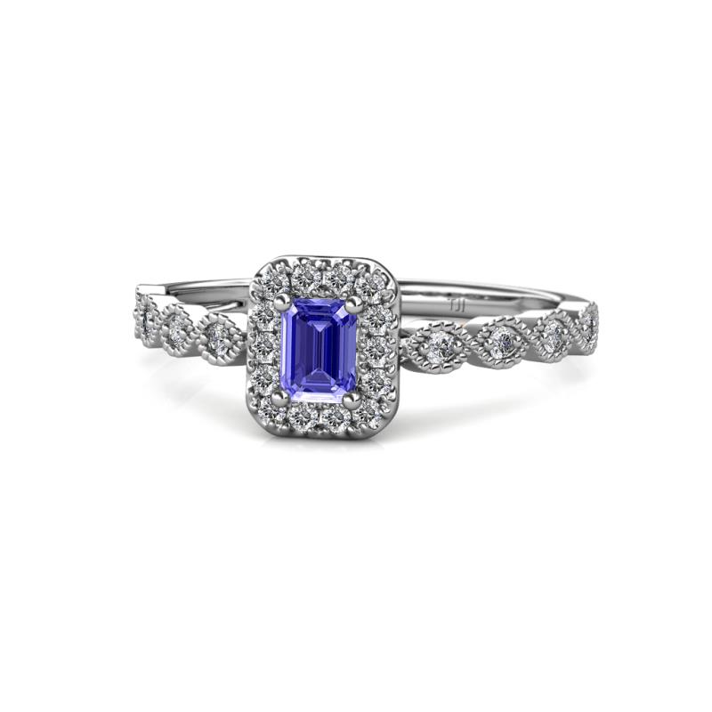 Gloria Prima Emerald Cut Tanzanite and Diamond Halo Engagement Ring 