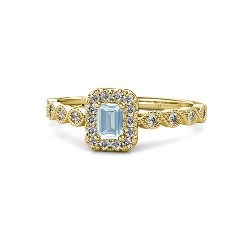 Gloria Prima Emerald Cut Aquamarine and Diamond Halo Engagement Ring 