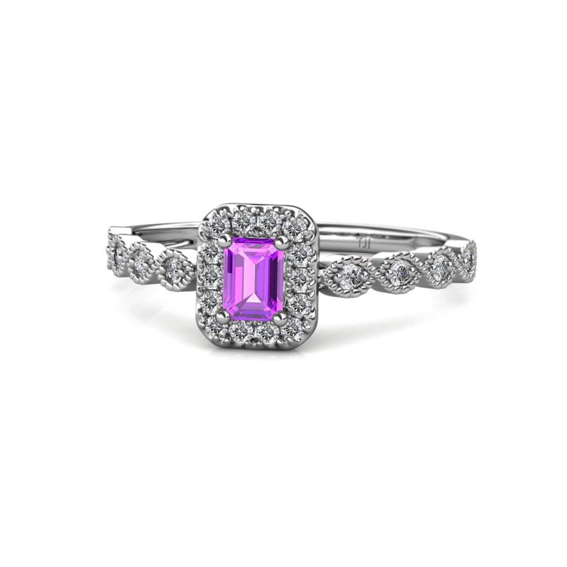 Gloria Prima Emerald Cut Amethyst and Diamond Halo Engagement Ring 