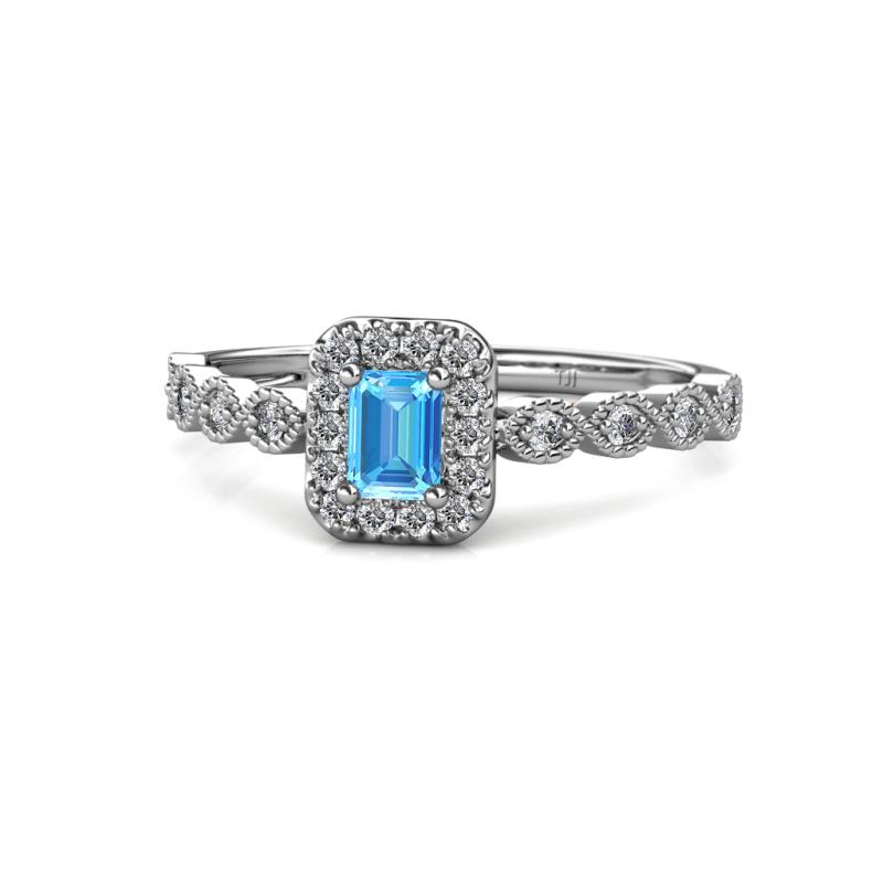 Gloria Prima Emerald Cut Blue Topaz and Diamond Halo Engagement Ring 