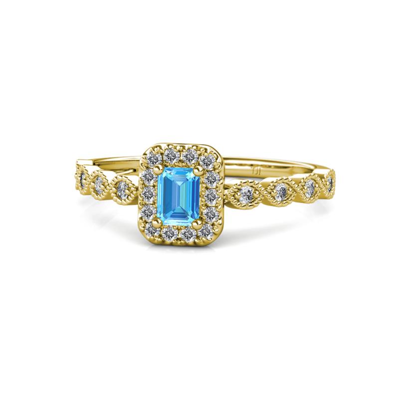 Gloria Prima Emerald Cut Blue Topaz and Diamond Halo Engagement Ring 