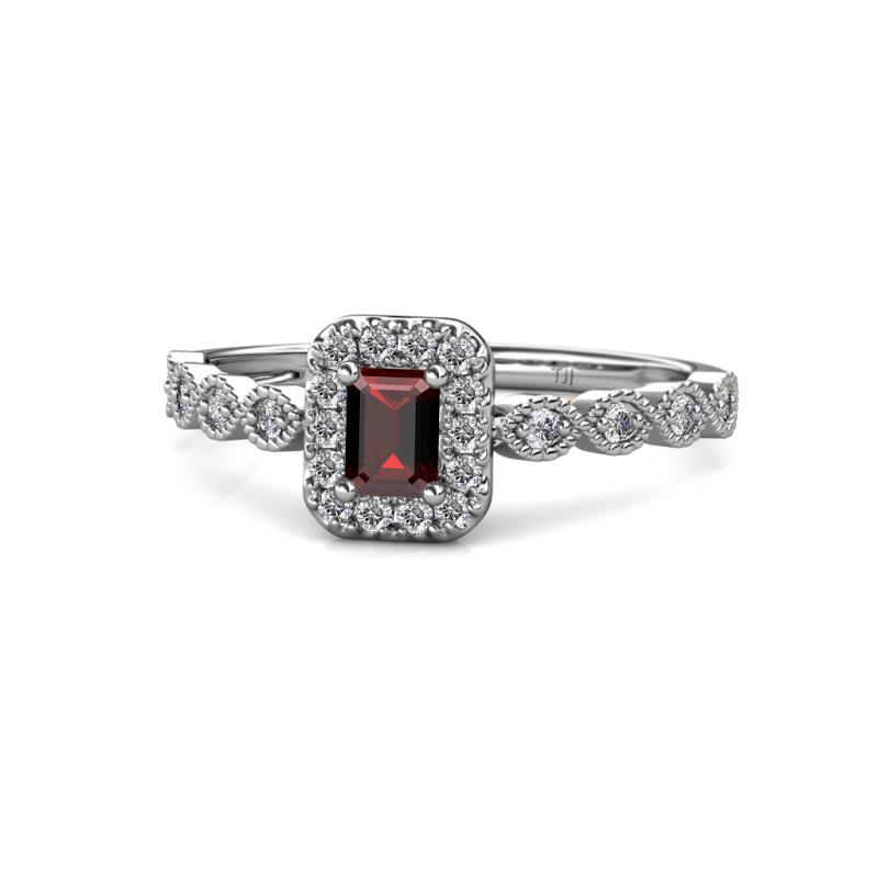 Gloria Prima Emerald Cut Red Garnet and Diamond Halo Engagement Ring 