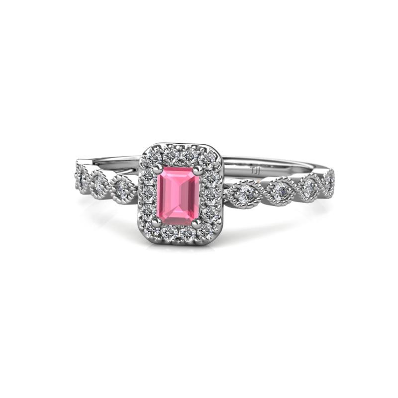 Gloria Prima Emerald Cut Rhodolite Garnet and Diamond Halo Engagement Ring 