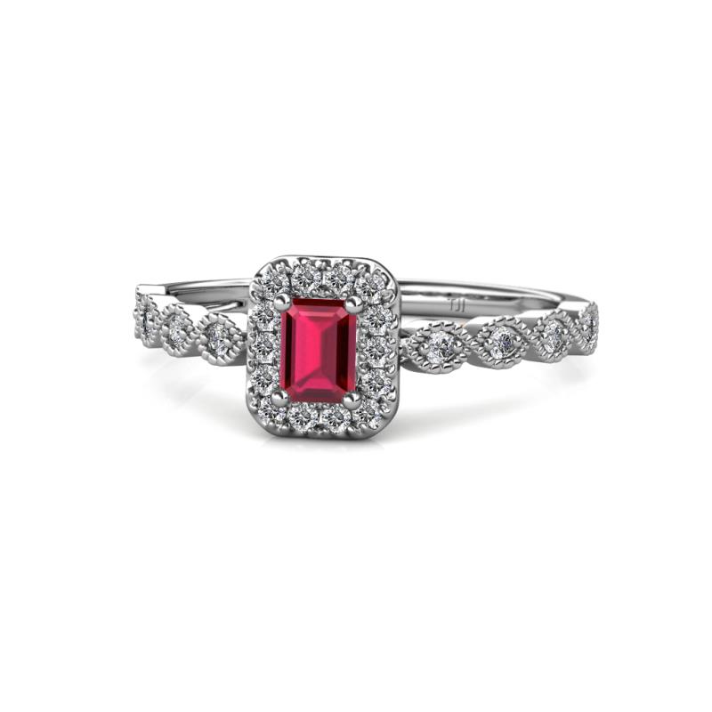 Gloria Prima Emerald Cut Ruby and Diamond Halo Engagement Ring 