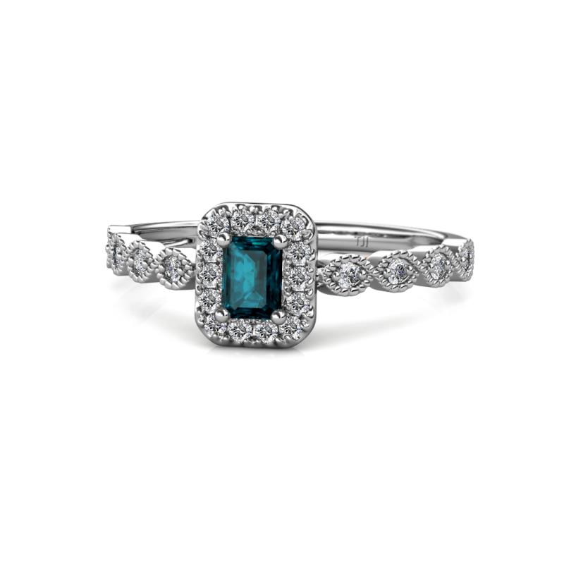 Gloria Prima Emerald Cut London Blue Topaz and Diamond Halo Engagement Ring 