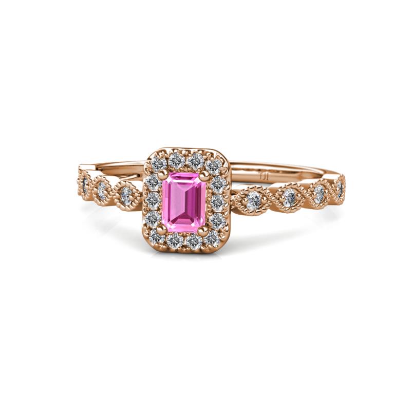 Gloria Prima Emerald Cut Pink Sapphire and Diamond Halo Engagement Ring 
