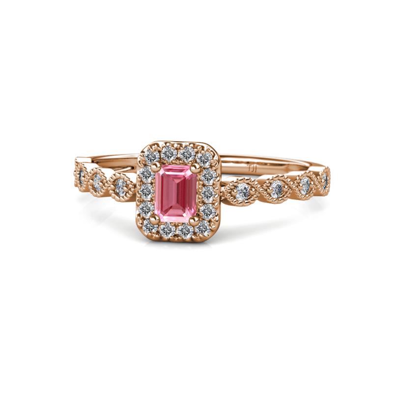 Gloria Prima Emerald Cut Pink Tourmaline and Diamond Halo Engagement Ring 