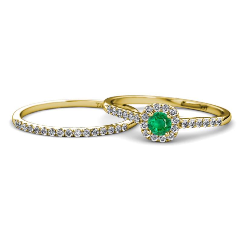 Selena Prima 1.09 ctw of Emerald Accented Natural Diamonds Halo Bridal Set Ring 