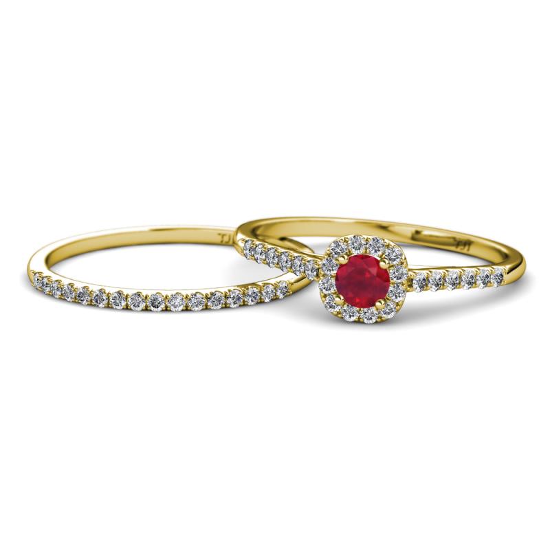 Selena Prima 1.11 ctw of Ruby Accented Natural Diamonds Halo Bridal Set Ring 