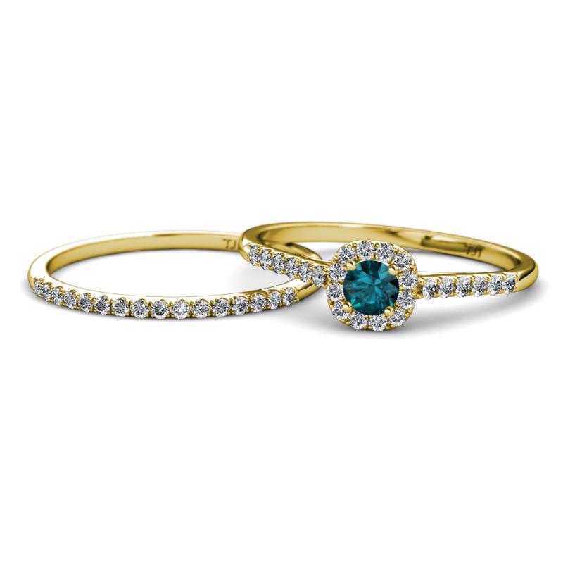 Selena Prima 1.11 ctw of London Blue Topaz Accented Natural Diamonds Halo Bridal Set Ring 