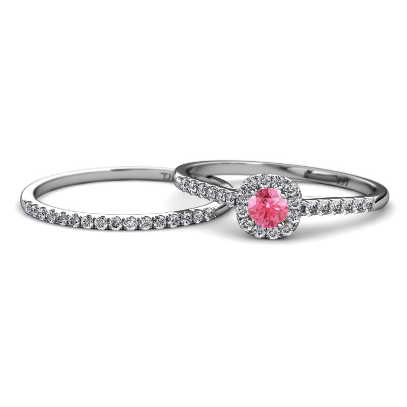 Selena Prima 1.09 ctw of Pink Tourmaline Accented Natural Diamonds Halo Bridal Set Ring 