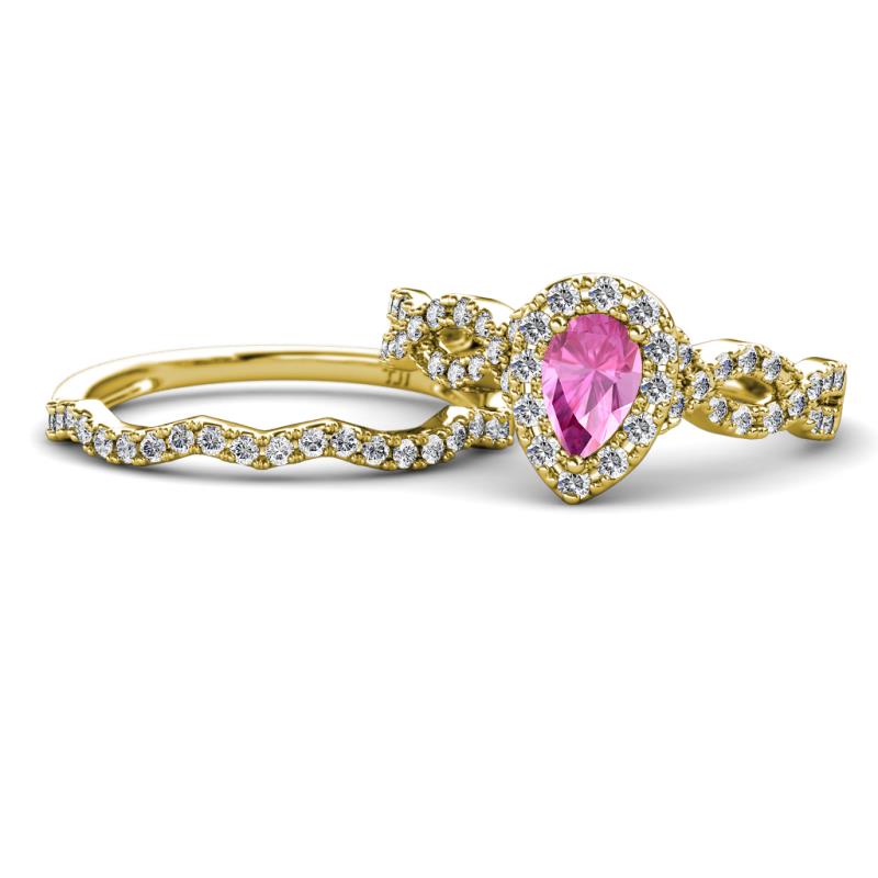 Susan Prima Pink Sapphire and Diamond Halo Bridal Set Ring 