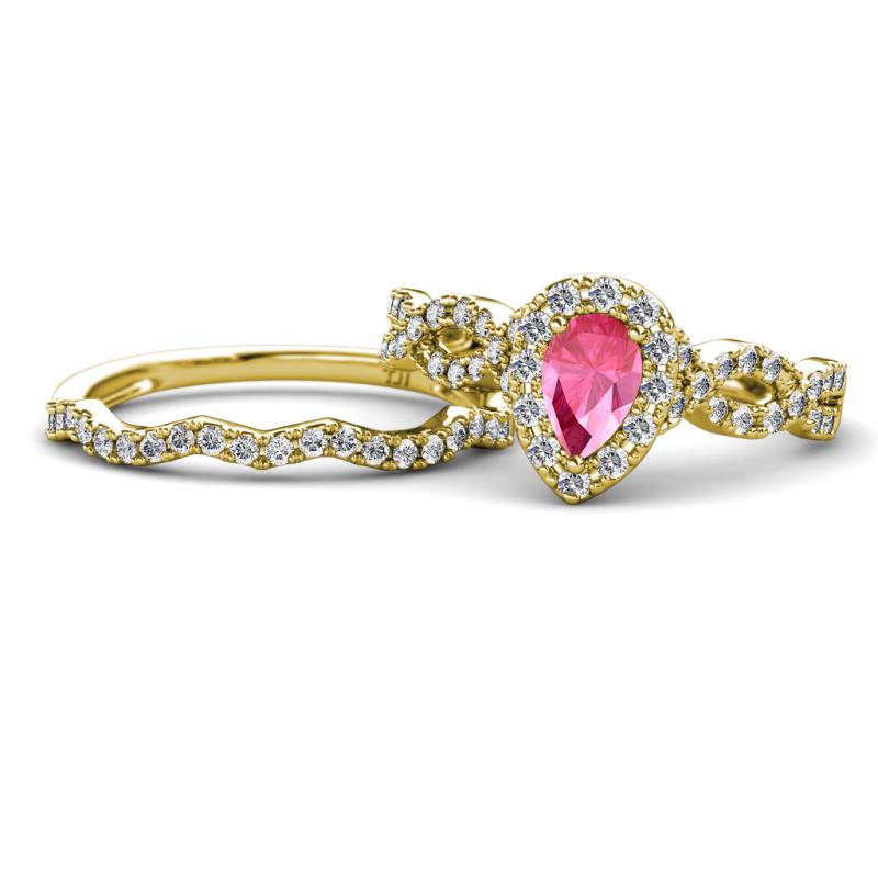 Susan Prima Pink Tourmaline and Diamond Halo Bridal Set Ring 