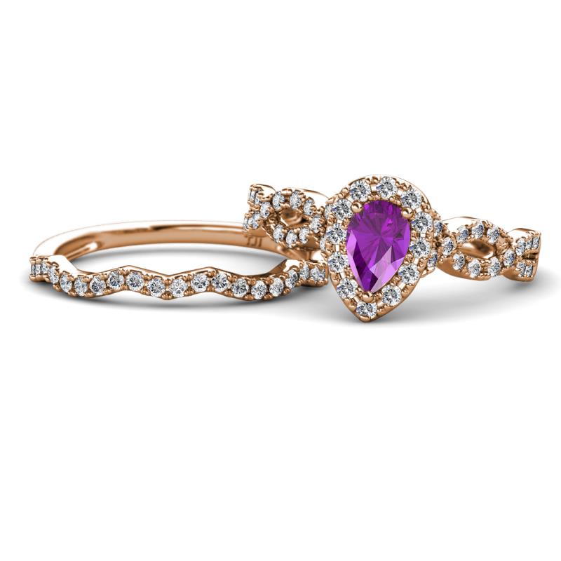 Susan Prima Amethyst and Diamond Halo Bridal Set Ring 