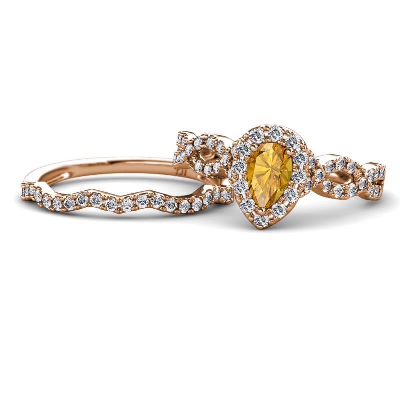 Susan Prima Citrine and Diamond Halo Bridal Set Ring 