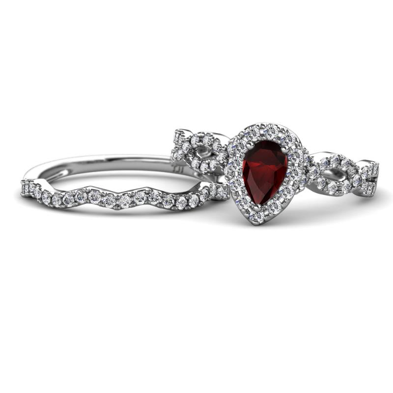 Susan Prima Red Garnet and Diamond Halo Bridal Set Ring 