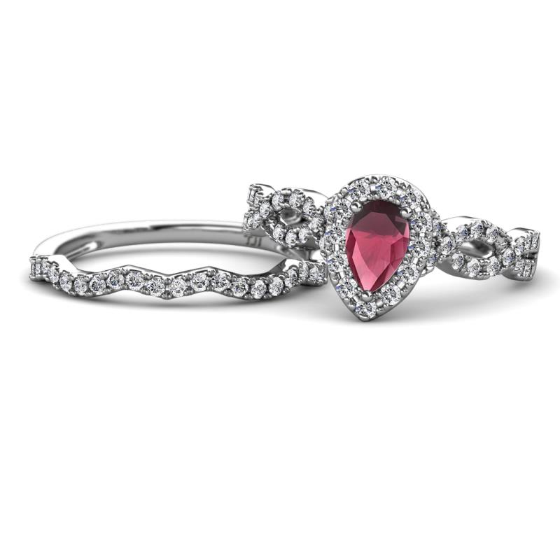 Susan Prima Rhodolite Garnet and Diamond Halo Bridal Set Ring 