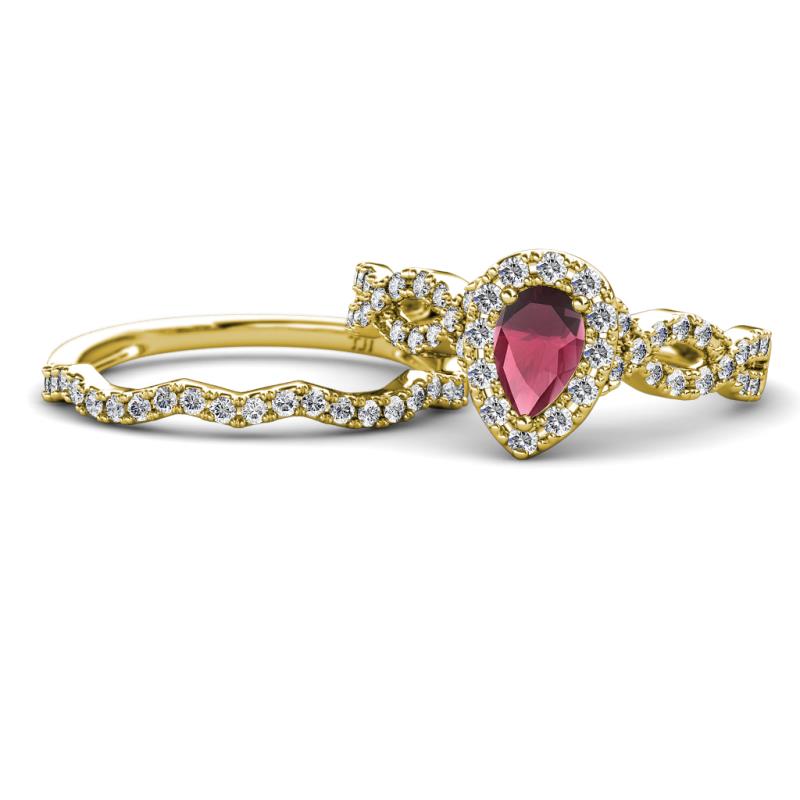 Susan Prima Rhodolite Garnet and Diamond Halo Bridal Set Ring 
