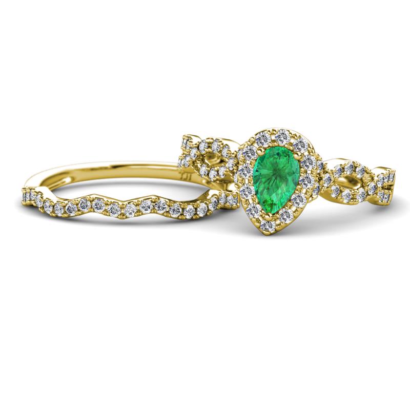 Susan Prima Emerald and Diamond Halo Bridal Set Ring 