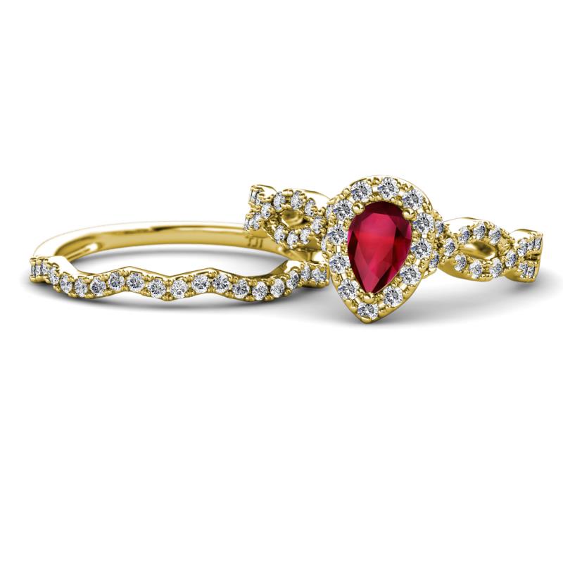Susan Prima Ruby and Diamond Halo Bridal Set Ring 