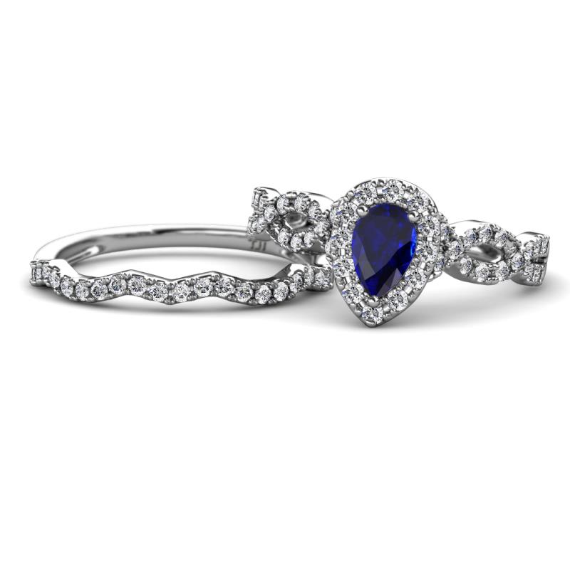Susan Prima Blue Sapphire and Diamond Halo Bridal Set Ring 
