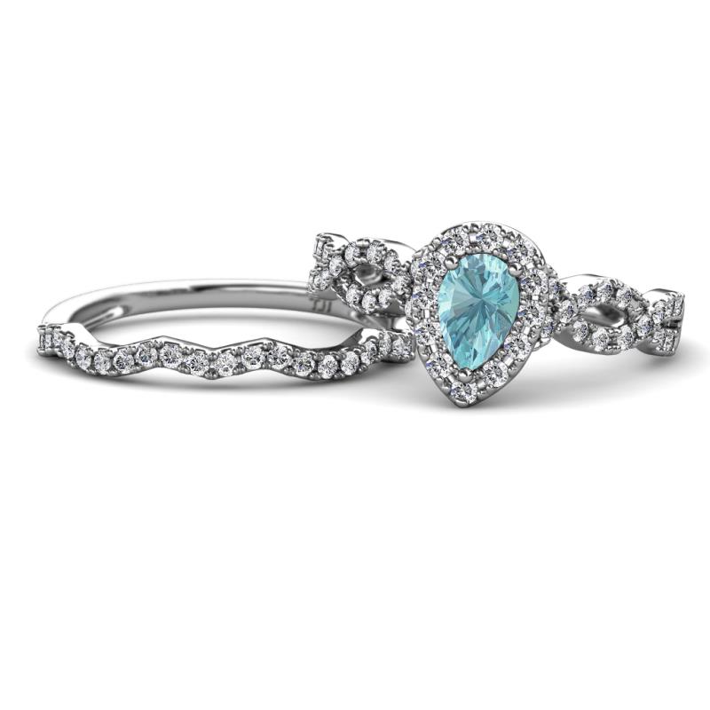 Susan Prima Aquamarine and Diamond Halo Bridal Set Ring 