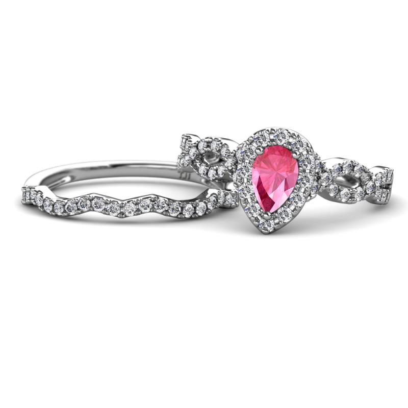 Susan Prima Pink Tourmaline and Diamond Halo Bridal Set Ring 