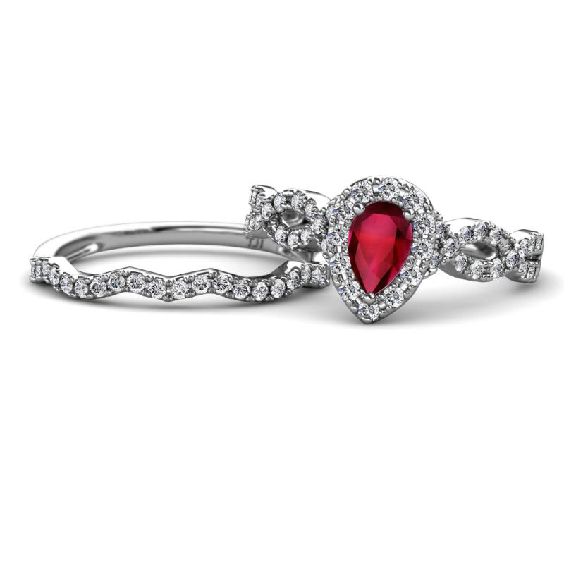 Susan Prima Ruby and Diamond Halo Bridal Set Ring 