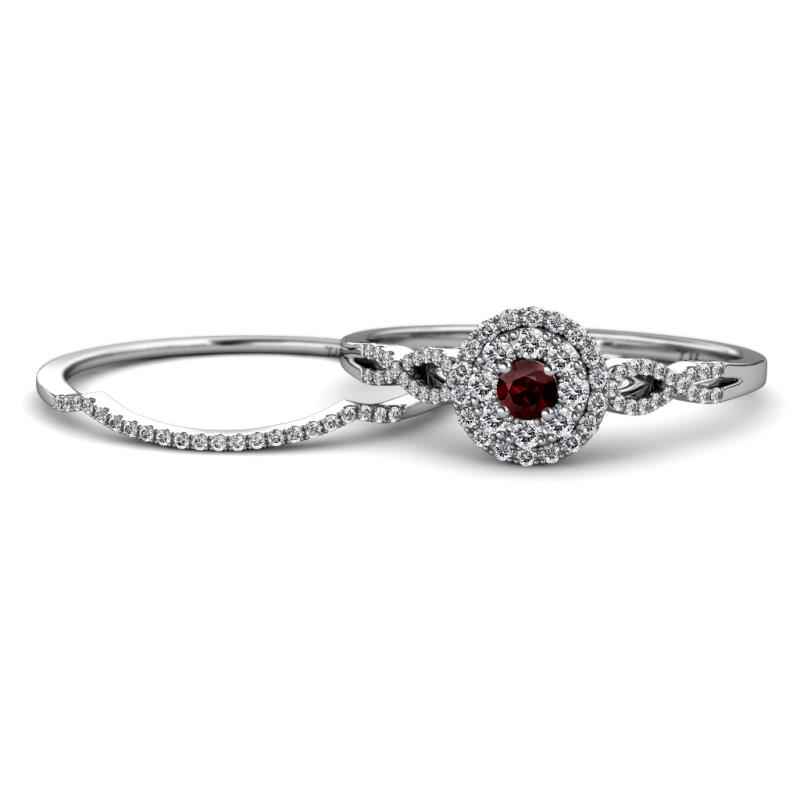 Iliana Prima Red Garnet and Diamond Halo Bridal Set Ring 