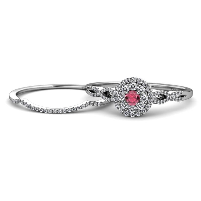 Iliana Prima Rhodolite Garnet and Diamond Halo Bridal Set Ring 