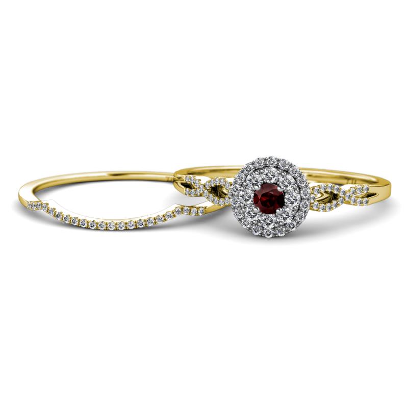 Iliana Prima Red Garnet and Diamond Halo Bridal Set Ring 