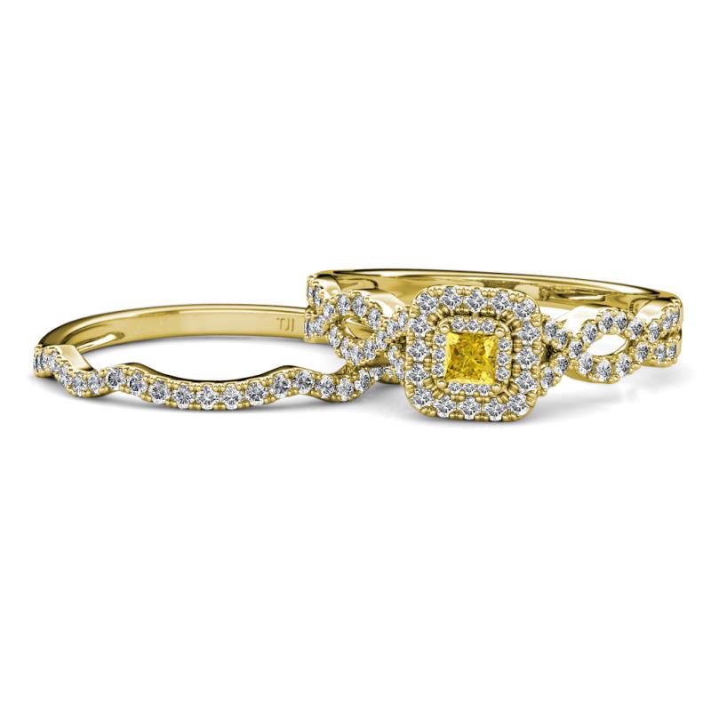 Eyana Prima Yellow Sapphire and Diamond Double Halo Bridal Set Ring 