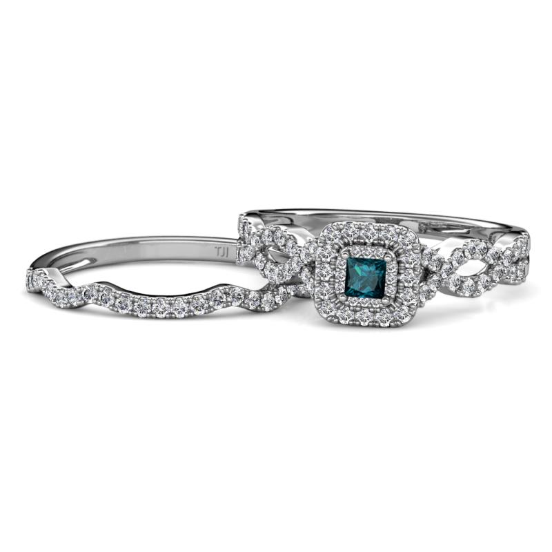 Eyana Prima London Blue Topaz and Diamond Double Halo Bridal Set Ring 