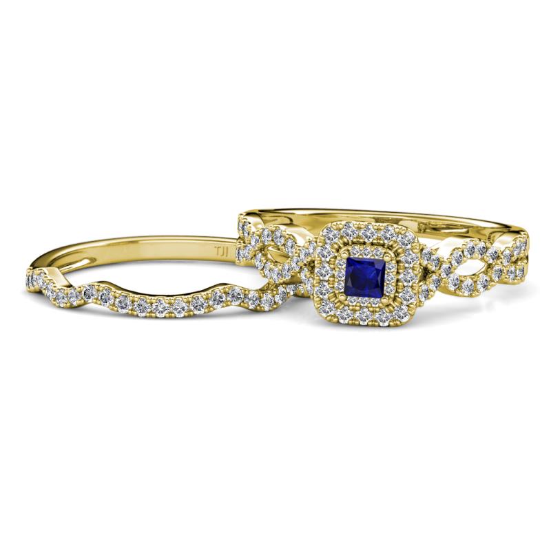 Eyana Prima Blue Sapphire and Diamond Double Halo Bridal Set Ring 