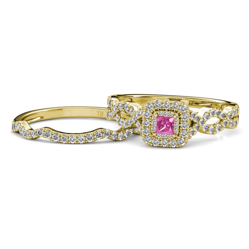Eyana Prima Pink Sapphire and Diamond Double Halo Bridal Set Ring 