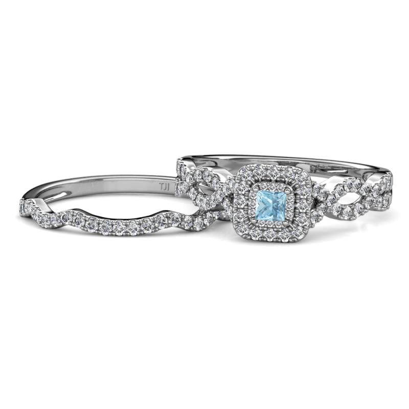 Eyana Prima Aquamarine and Diamond Double Halo Bridal Set Ring 