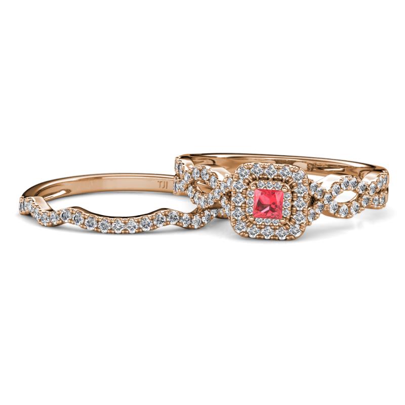 Eyana Prima Pink Tourmaline and Diamond Double Halo Bridal Set Ring 